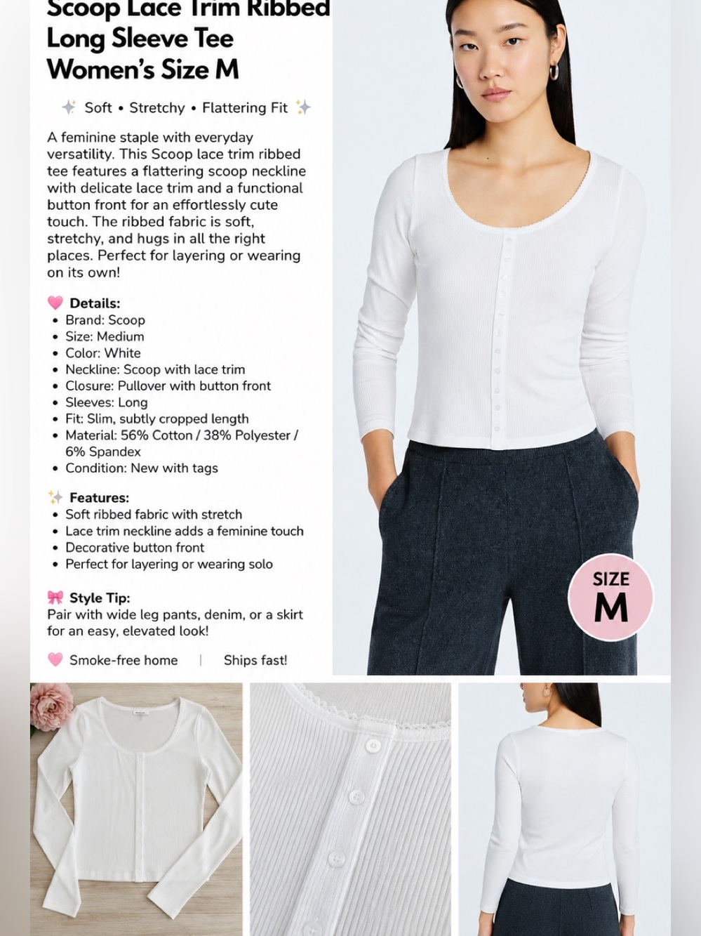 Scoop Lace Trim Ribbed Long Sleeve Tee | White